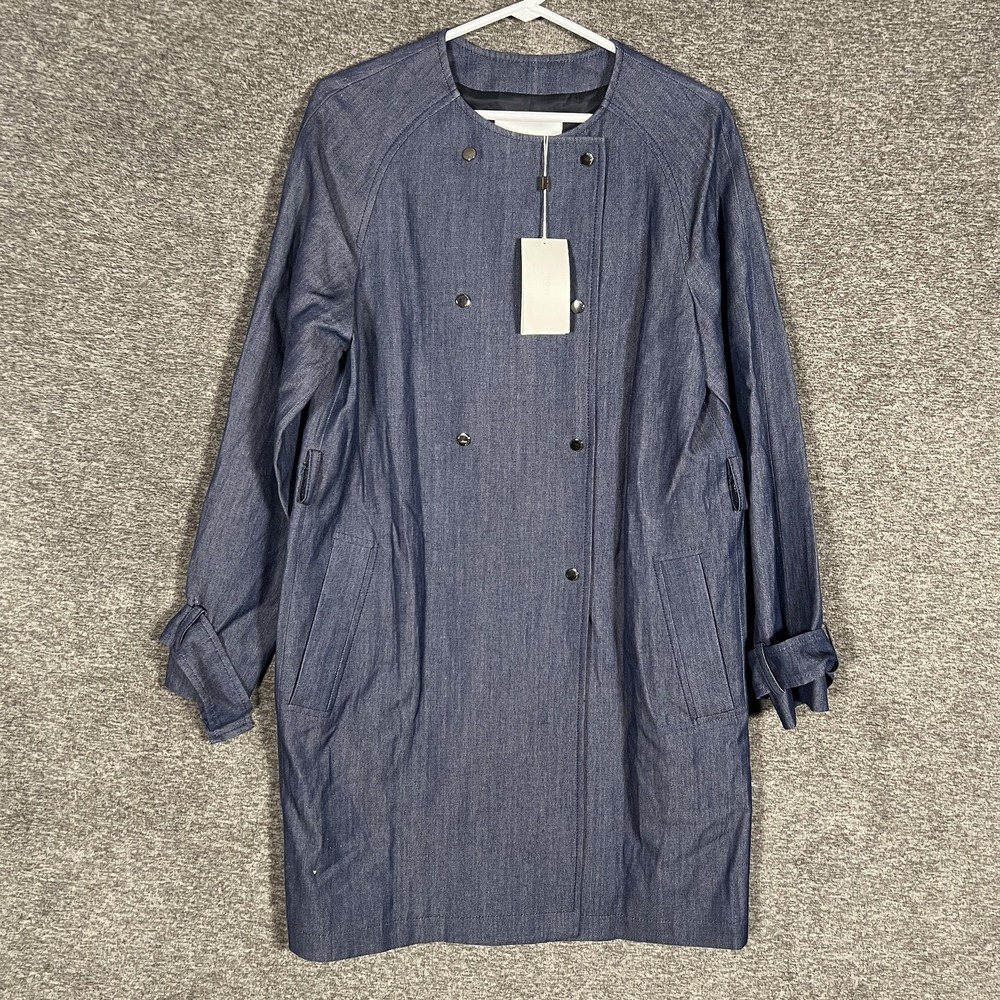Boss Trench Coat Womens 4 Blue Denim Snap Front Collarless Calrehna Long